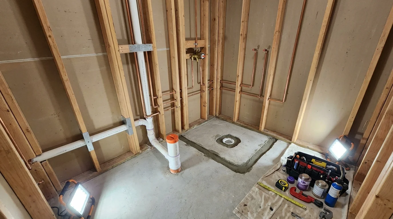 Bathroom rough-in plumbing during remodel by Johns Plumbing LLC in Eagar
